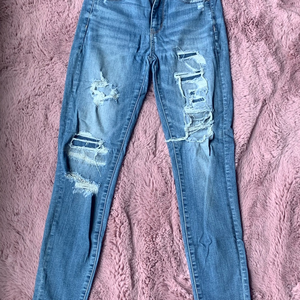 American Eagle Outfitters Blue Skinny Jeans with Distressed Details